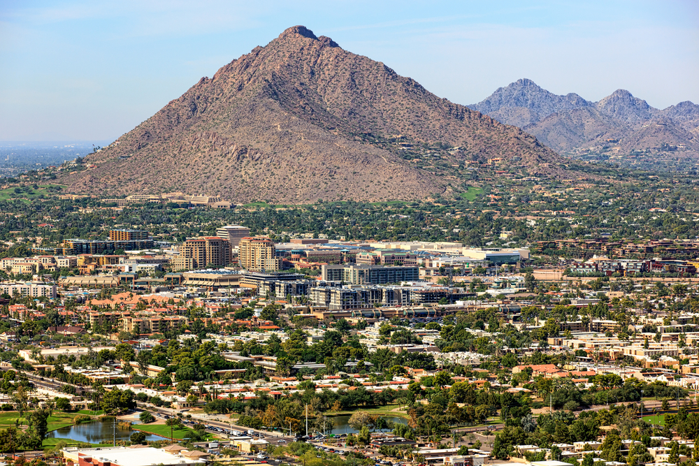 Camelback,Mountain,And,The,Skyline,Of,Old,Town,Scottsdale,,Arizona