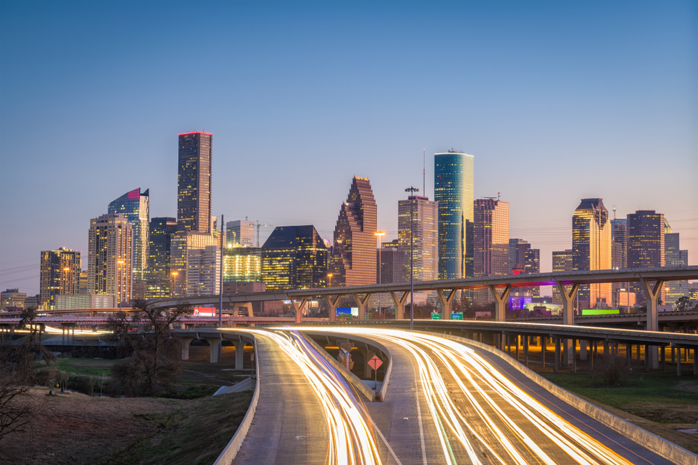 Houston,,Texas,,Usa,Downtown,City,Skyline,And,Highway.